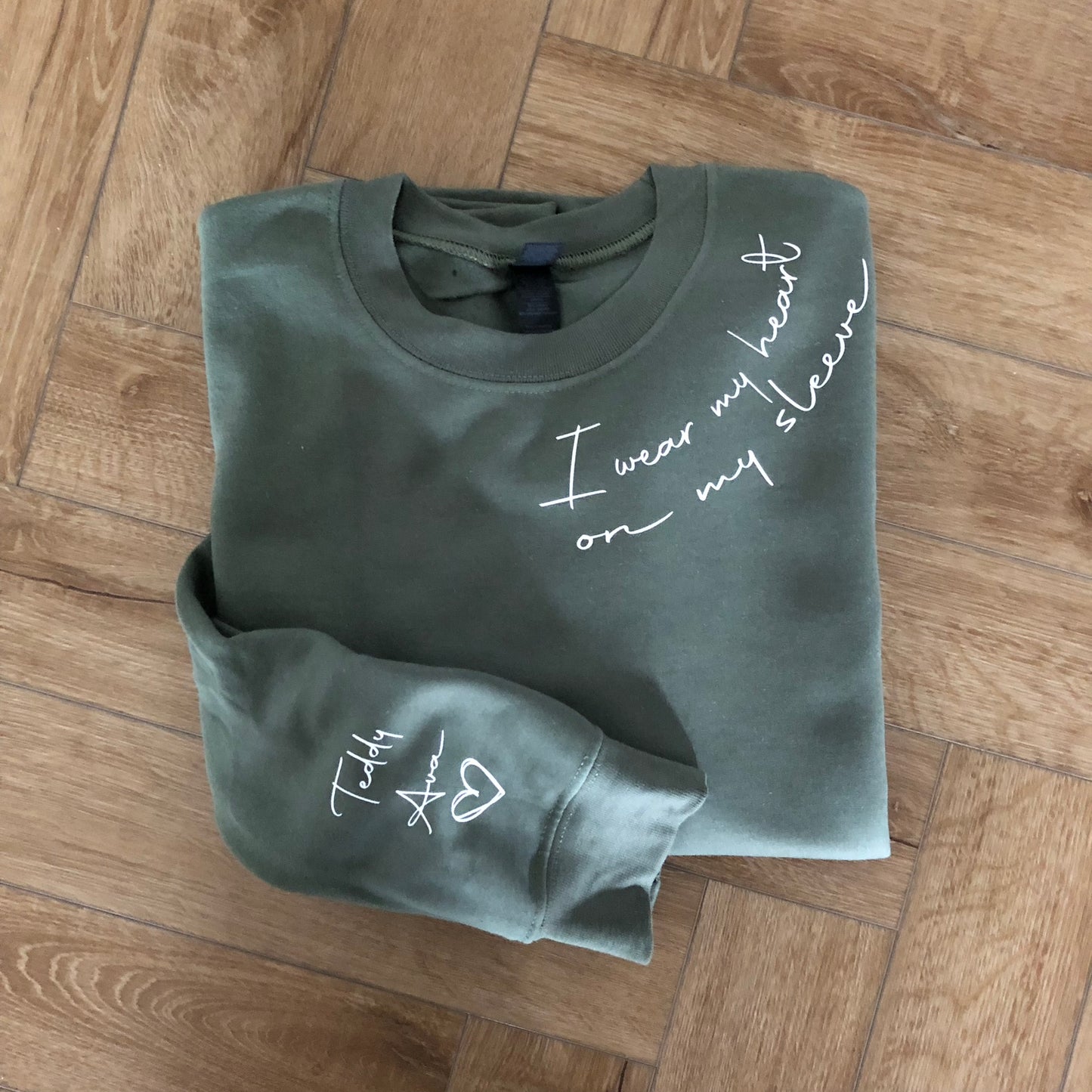 I Wear Heart on My Sleeve Sweatshirt Personalised Kids Names on Sleeve Mum Sweater