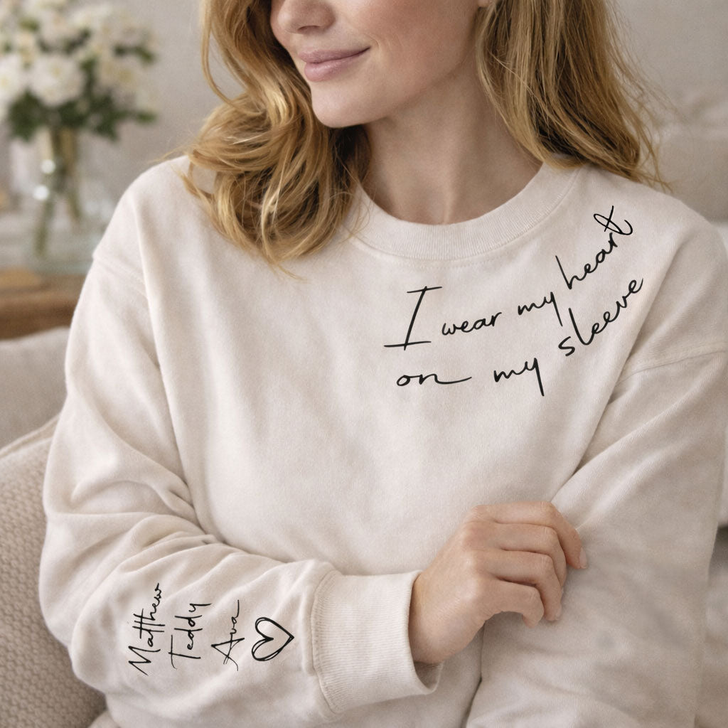 I Wear Heart on My Sleeve Sweatshirt Personalised Kids Names on Sleeve Mum Sweater