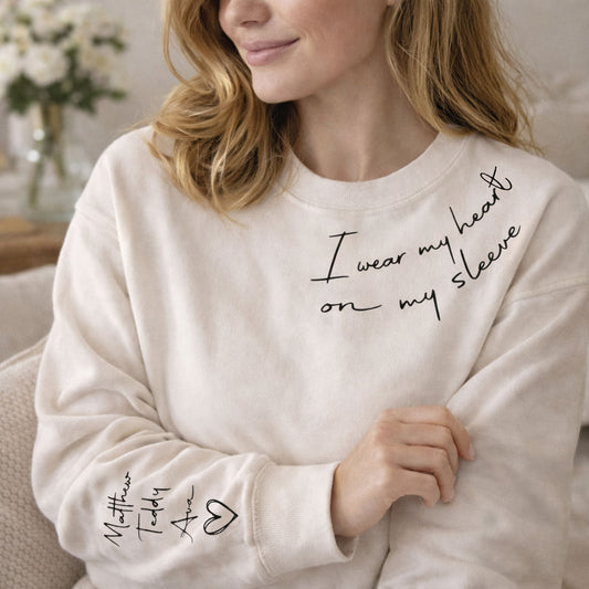 I Wear Heart on My Sleeve Sweatshirt Personalised Kids Names on Sleeve Mum Sweater
